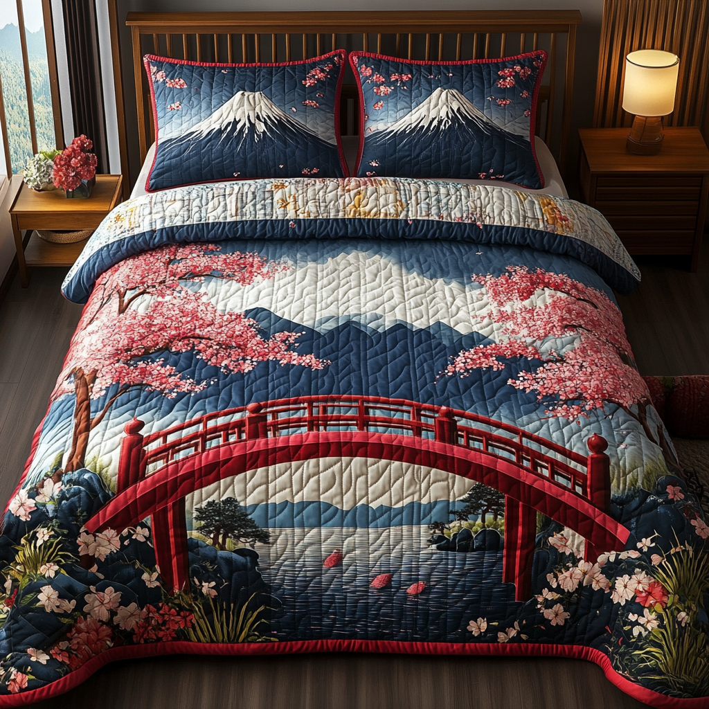 Japanese Heavenly Red Bridge 3-Piece Quilted Bedding Set NCU0DV5454