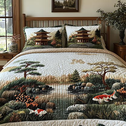 Japanese Koi in Garden Scene 3-Piece Quilted Bedding Set NCU0DV5912