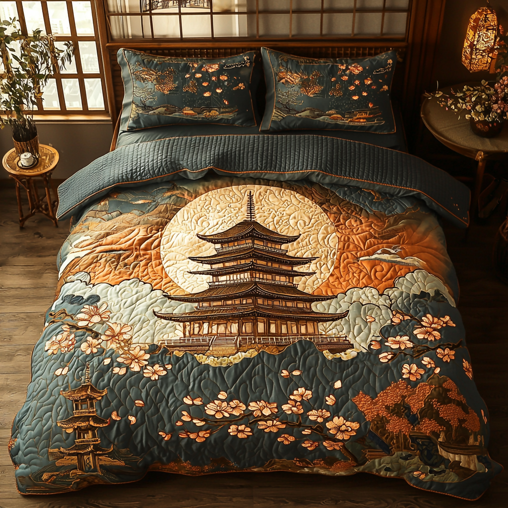 Japanese Moonlit Pagoda 3-Piece Quilted Bedding Set NCU0DV6101 – Vantique