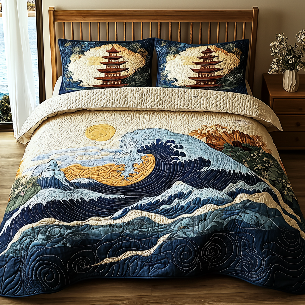 Japanese Pagoda Artistic Wave 3-Piece Quilted Bedding Set NCU0DV5923