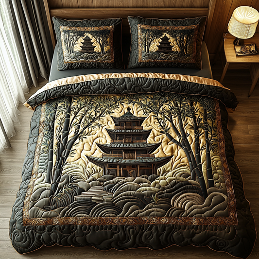 Japanese Pagoda Bamboo Path 3-Piece Quilted Bedding Set NCU0DV6105