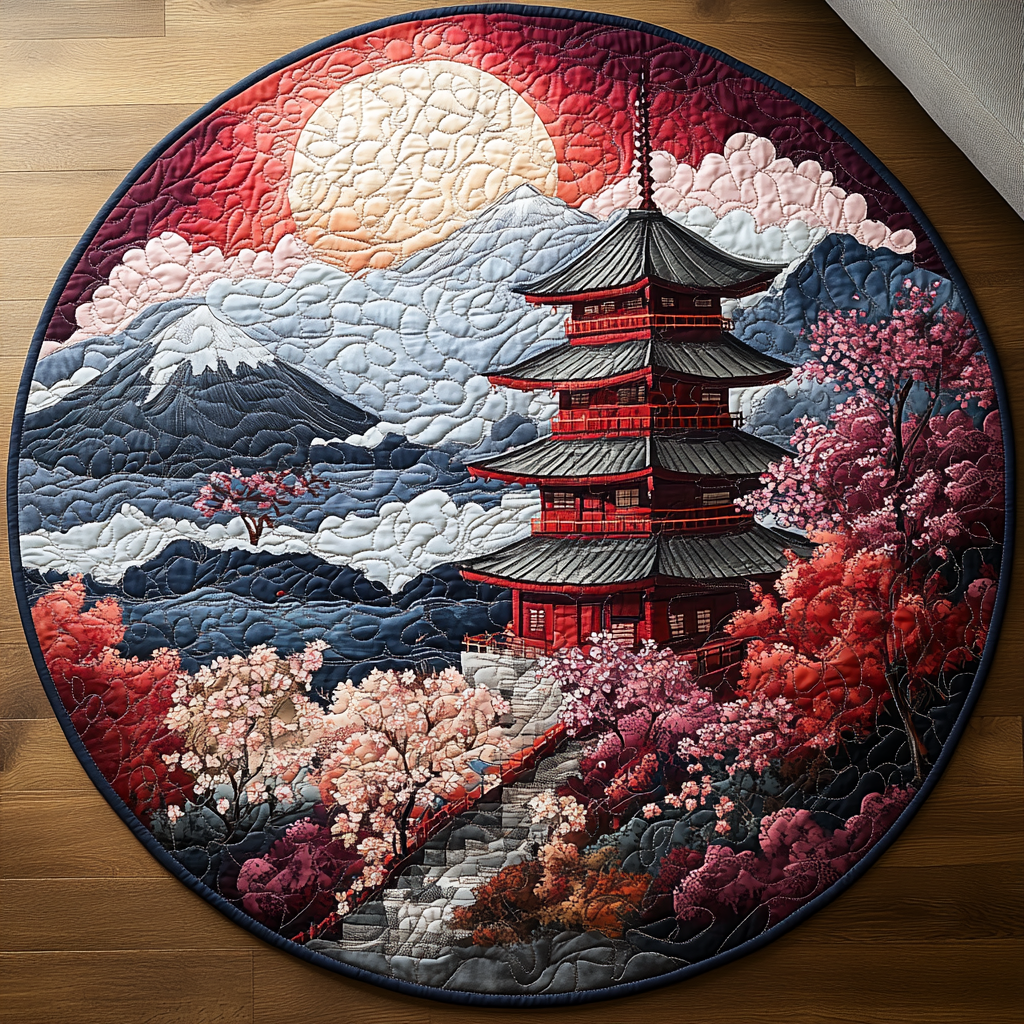 Japanese Pagoda Bloom Quilted Round Mat NCU0DV5568