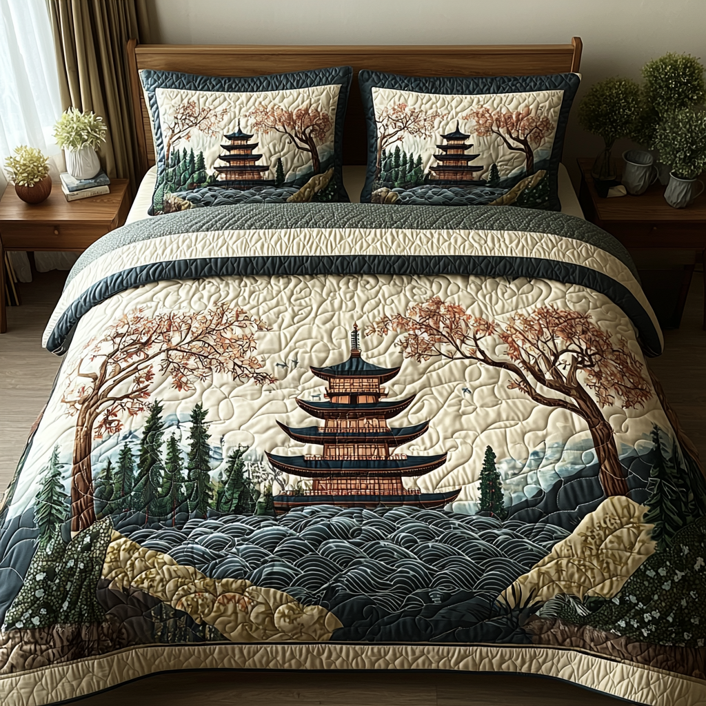 Japanese Pagoda Forest 3-Piece Quilted Bedding Set NCU0DV5926