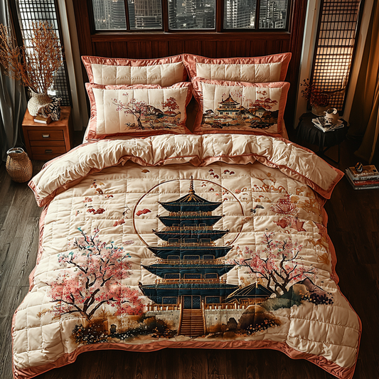 Japanese Pagoda Moonlit Cherry Blossom 3-Piece Quilted Bedding Set NCU0DV6102