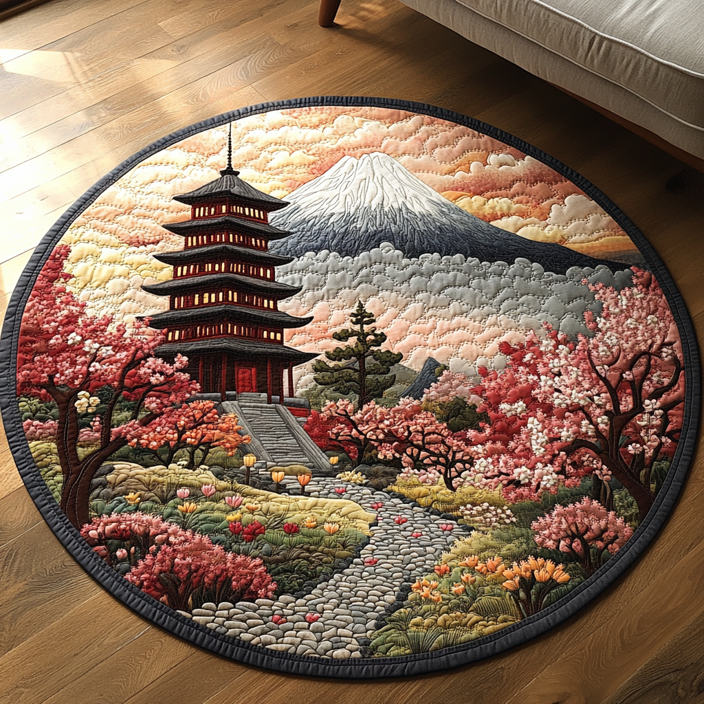 Japanese Pagoda Scene Quilted Round Mat NCU0DV5574