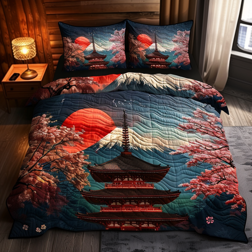 Japanese Pagoda Sunset 3-Piece Quilted Bedding Set NCU0DV5905