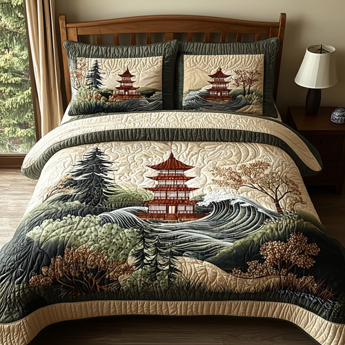 Japanese Pagoda Vintage Art 3-Piece Quilted Bedding Set NCU0DV5925