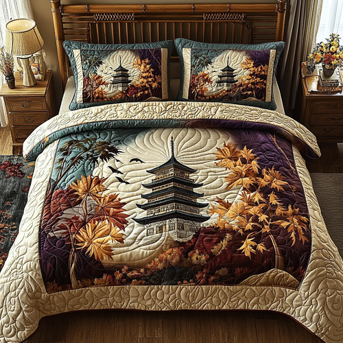 Japanese Pagoda Vintage Autumn Charm 3-Piece Quilted Bedding Set NCU0DV5903