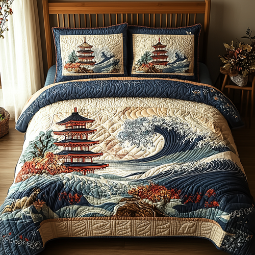 Japanese Pagoda Wave 3-Piece Quilted Bedding Set NCU0DV5922