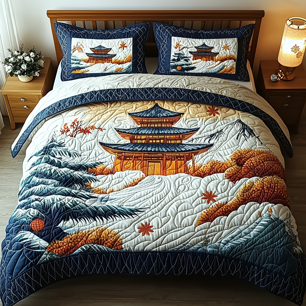 Japanese Pagoda Winter Charm 3-Piece Quilted Bedding Set NCU0DV5924