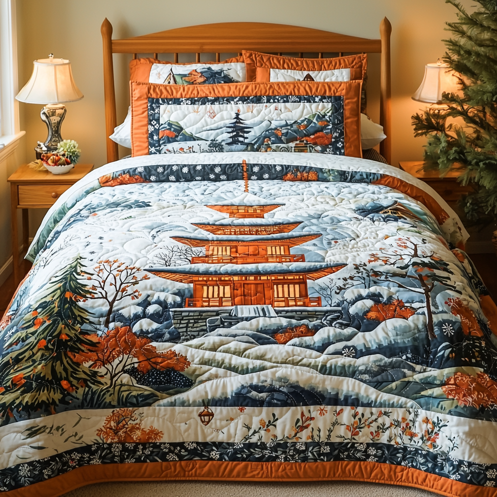 Japanese Pagoda in Winter 3-Piece Quilted Bedding Set NCU0DV5920