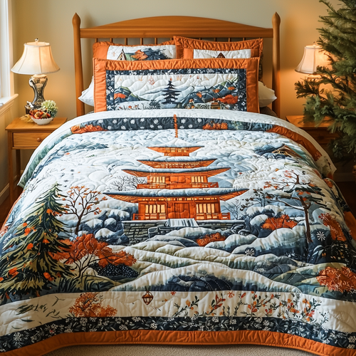 Japanese Pagoda in Winter 3-Piece Quilted Bedding Set NCU0DV5920