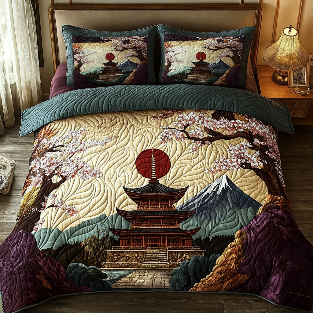 Japanese Retro Pagoda And Sakura 3-Piece Quilted Bedding Set NCU0DV590 ...