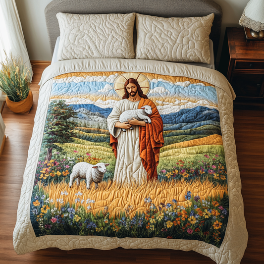 Jesus Resting with Lambs 3-Piece Quilted Bedding Set NCU0DV6241