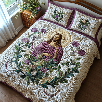 Jesus with Flowers 3-Piece Quilted Bedding Set NCU0DV6240