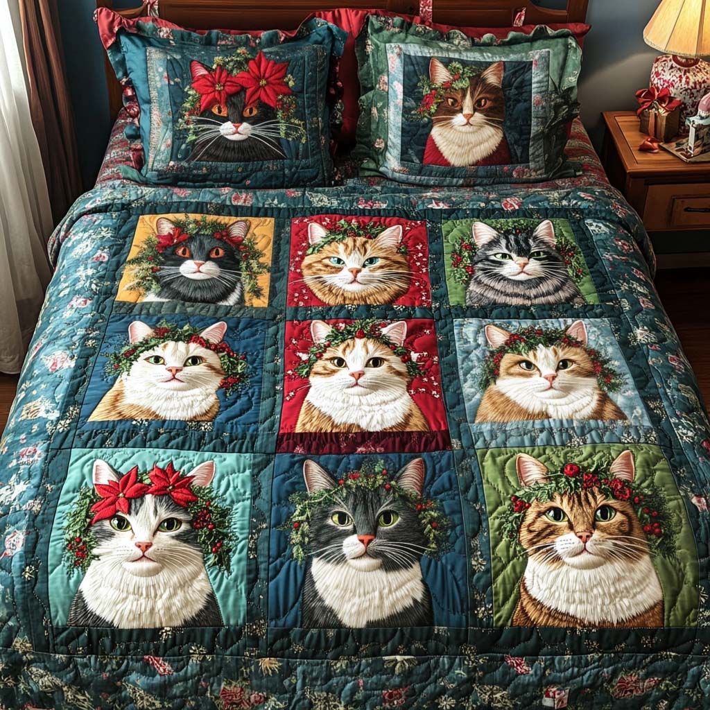 Jolly Cat Cheer 3-Piece Quilted Bedding Set NCU0NT2433