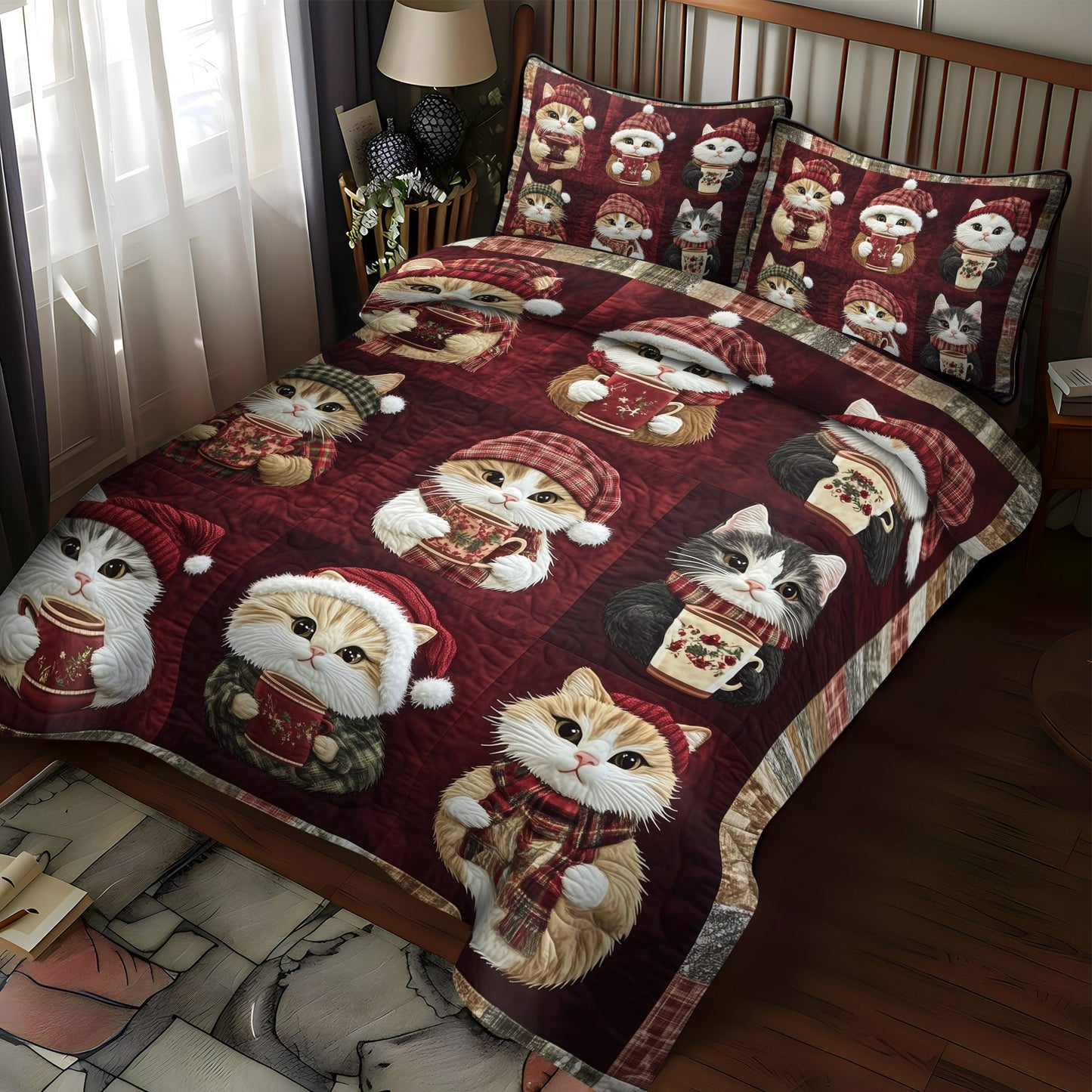 Jolly Catmas 3-Piece Quilted Bedding Set NCU0TL1191