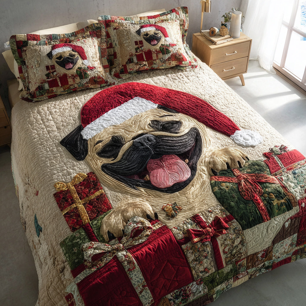 Jolly Pug Present 3-Piece Quilted Bedding Set NCU0HH394