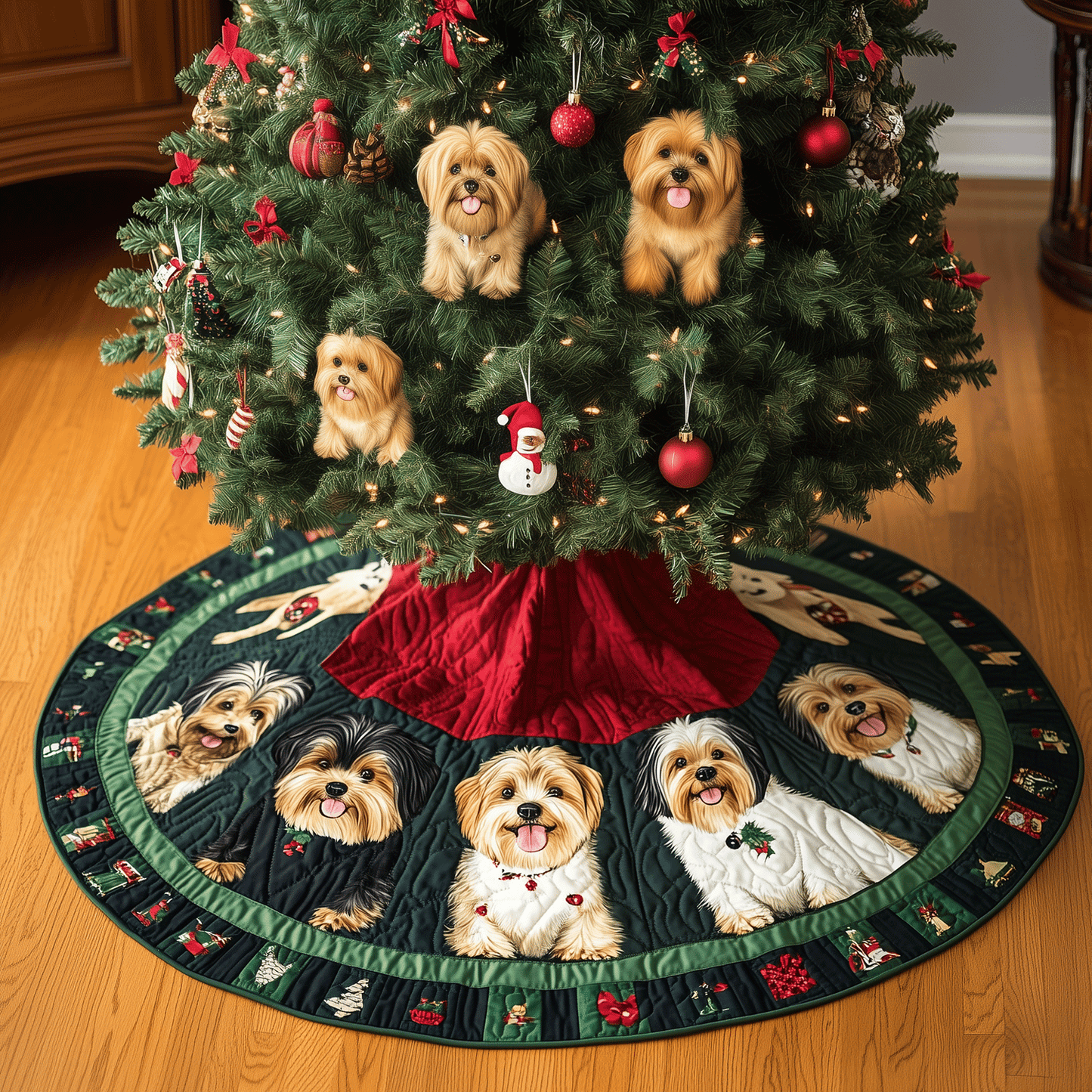 Jolly Yorkie Holiday Quilted Christmas Tree Skirt NCU0TH2025