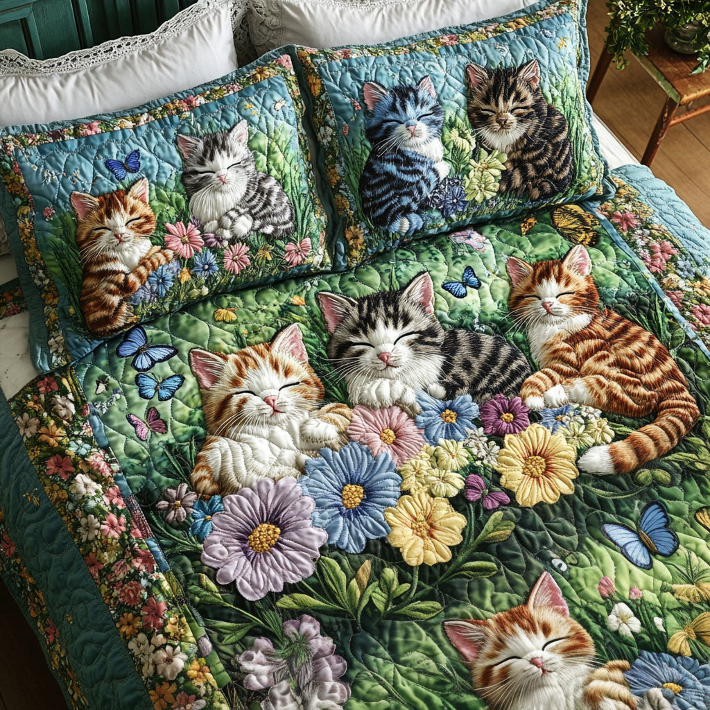 Kittens and Flowers 3-Piece Quilted Bedding Set NCU0NT5439