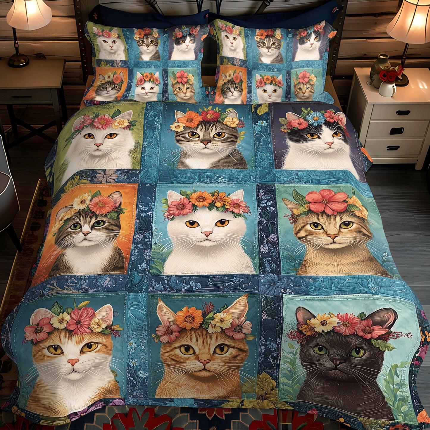 Kittens in Bloom 3-Piece Quilted Bedding Set NCU0TL1199