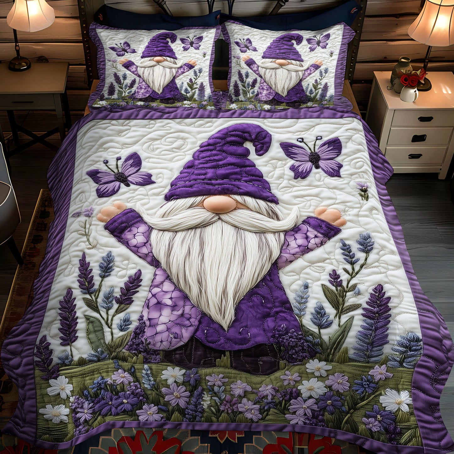 Lavender Fields Gnome 3-Piece Quilted Bedding Set NCU0PT3194