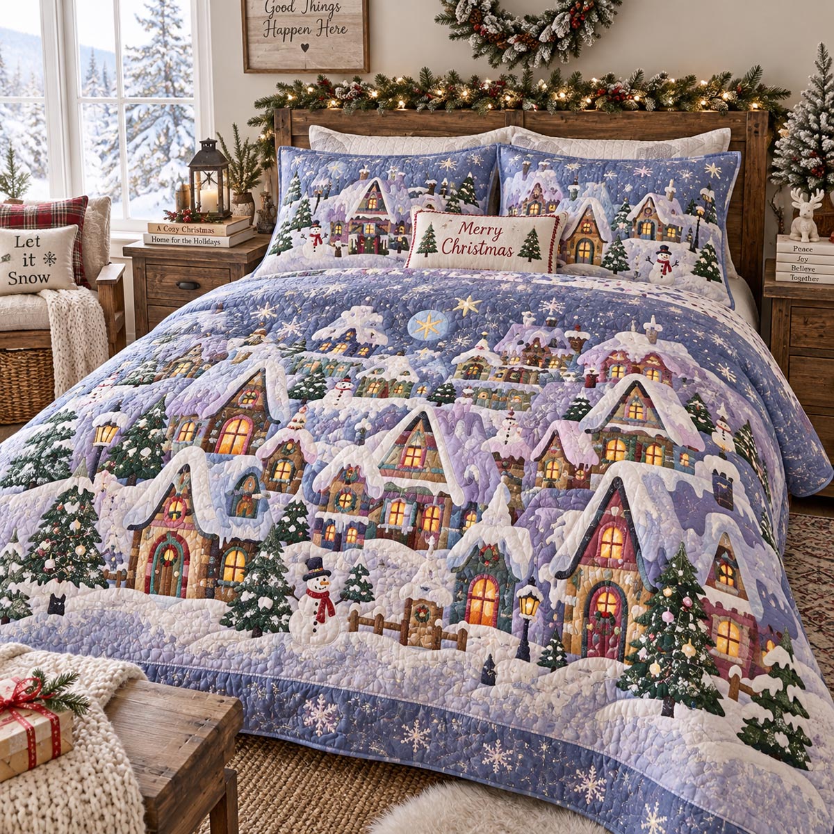 Lavender Snowy Village 3-Piece Quilted Bedding Set NCU0DV10147
