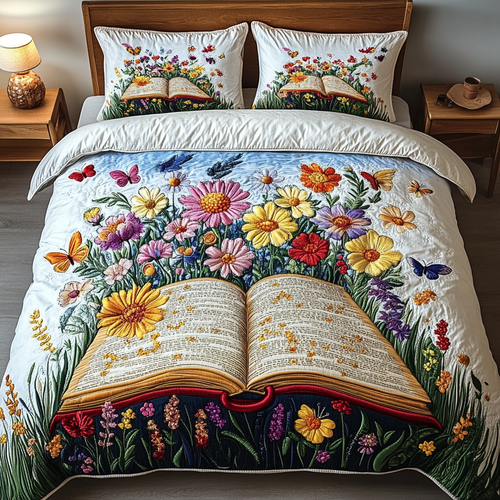 Literary Bloom 3-Piece Quilted Bedding Set NCU0VL1325