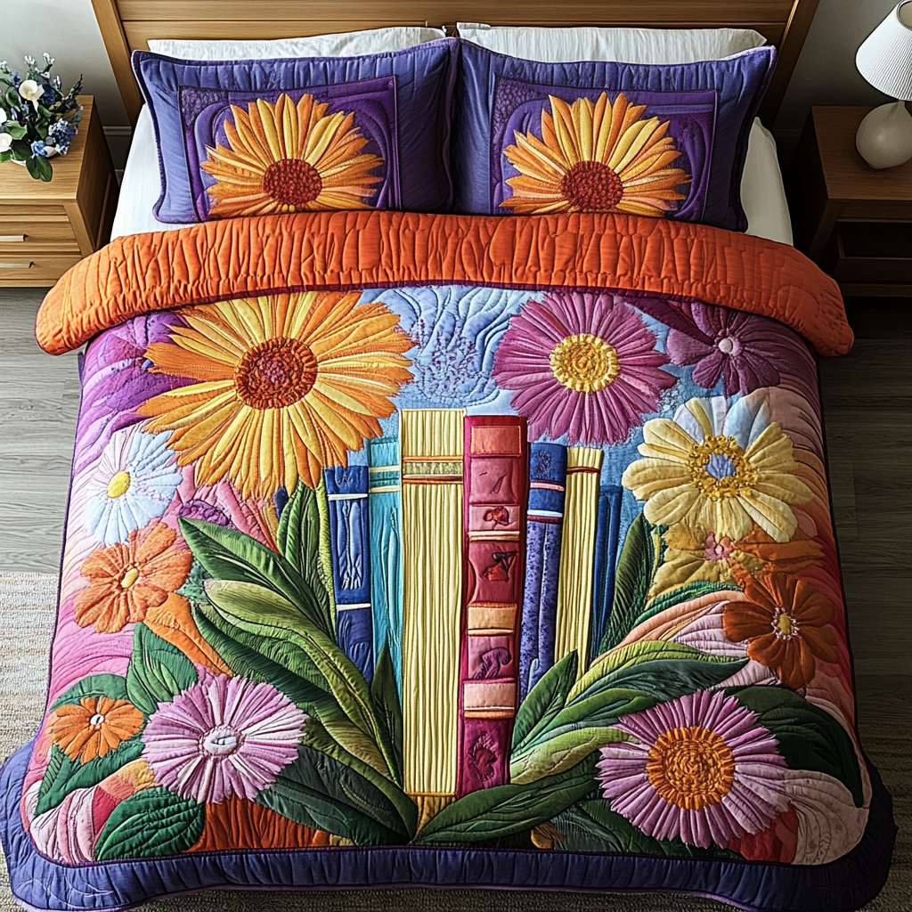 Literary Blossoms 3-Piece Quilted Bedding Set NCU0VH2976