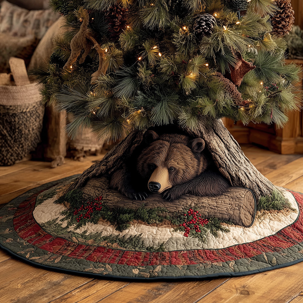 Log Cabin Bear Nap Christmas Quilted Tree Skirt NCU0TH3603