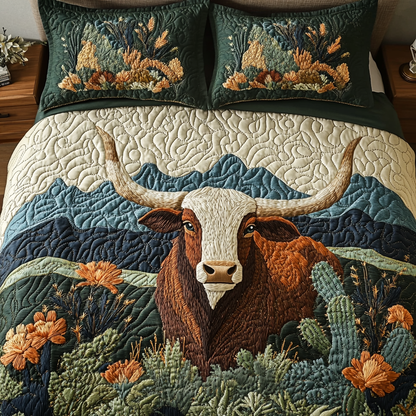 Longhorn Cattle 3-Piece Quilted Bedding Set NCU0VH5197