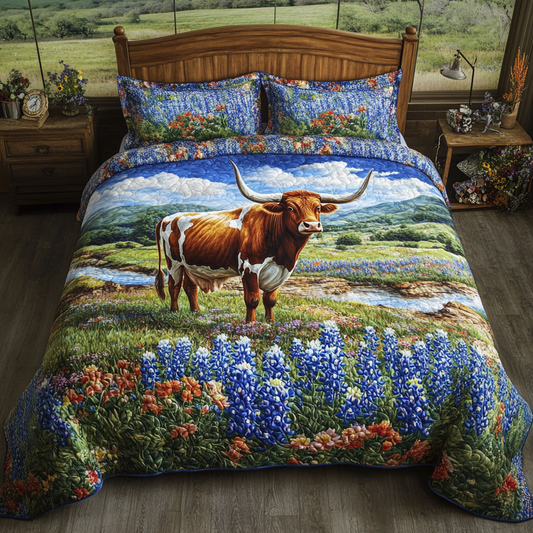 Longhorn Cow Charm 3-Piece Quilted Bedding Set NCU0DK6718