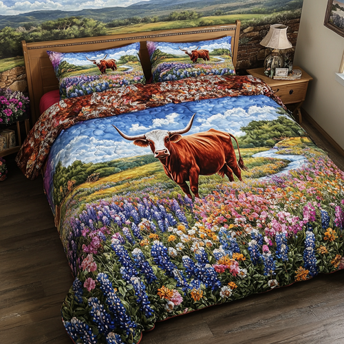 Longhorn Cow Dream 3-Piece Quilted Bedding Set NCU0DK6723