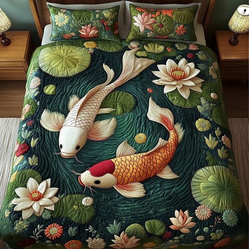 Lotus and Koi 3-Piece Quilted Bedding Set NCU0DV2958