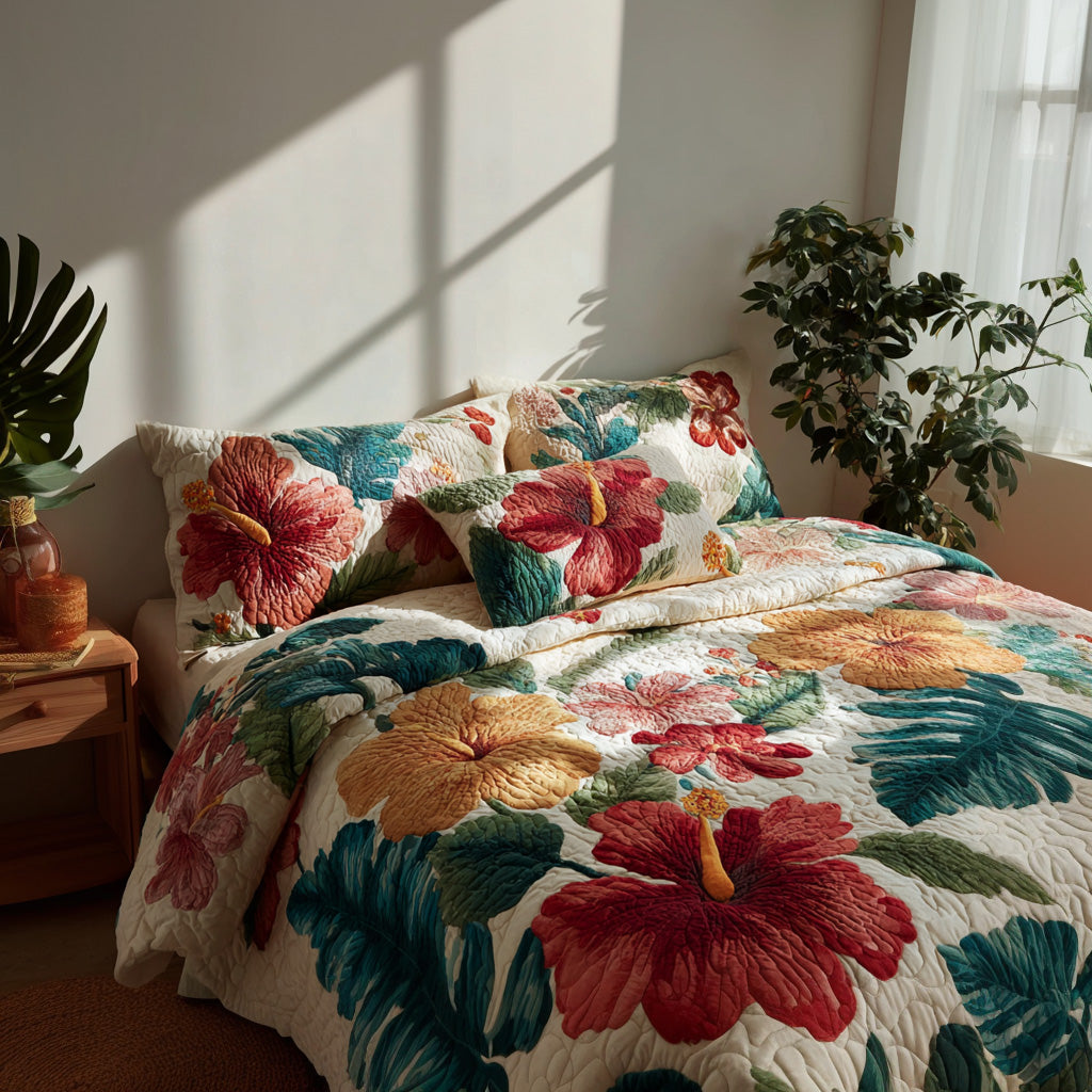 Lush Hibiscus 3-Piece Quilted Bedding Set NCU0VL3453