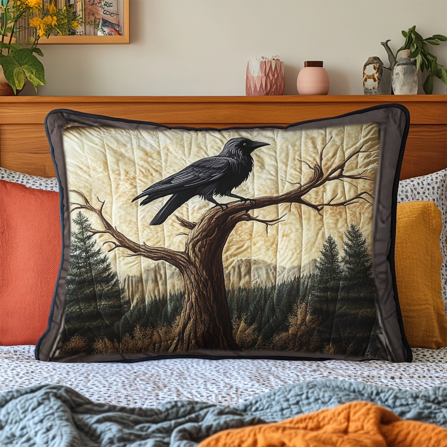 Midnight Raven Quilted Bedding Pillow Case NCU0VH2357