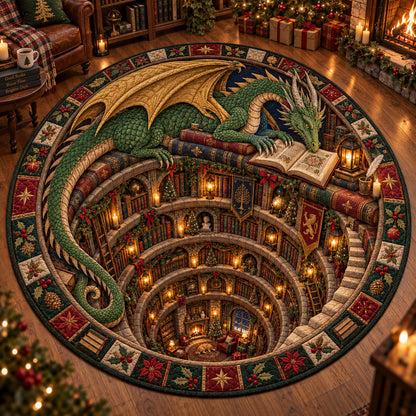 Magical Holiday Dragon Library Quilted Round Mat NCU0PT12173