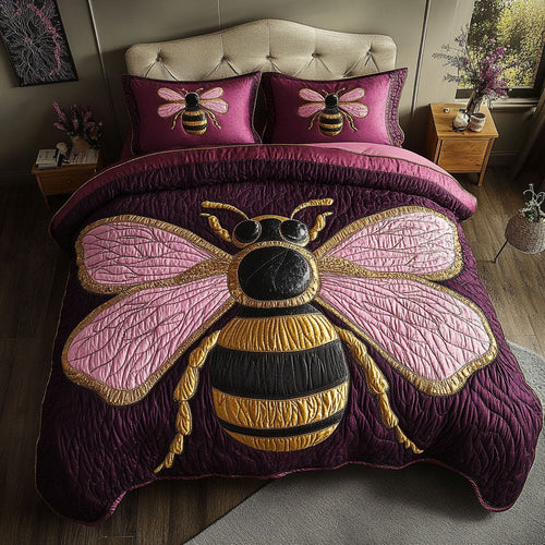 Majestic Pink Bee 3-Piece Quilted Bedding Set NCU0NT5030