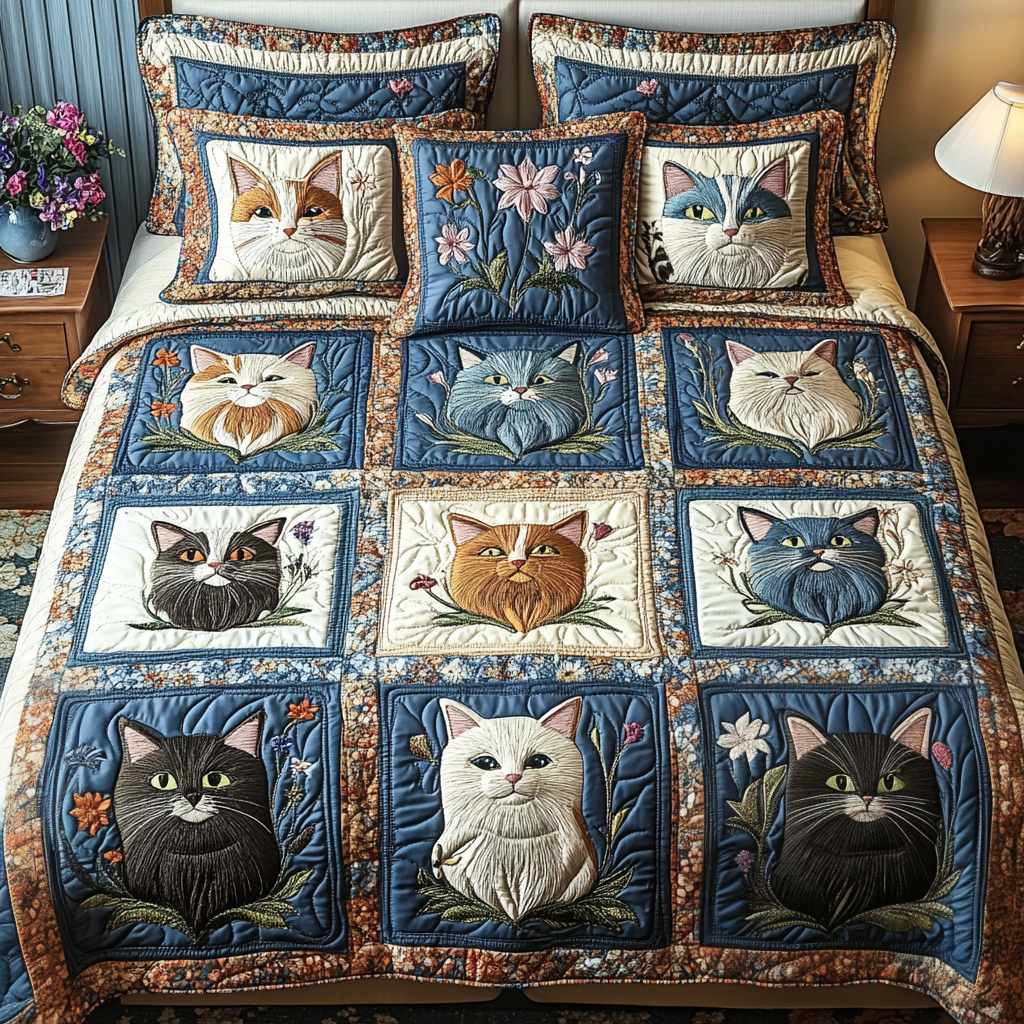 Meow Meadow 3-Piece Quilted Bedding Set NCU0VH5035