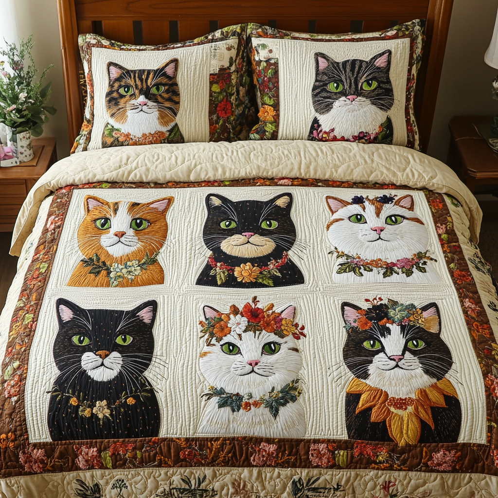 Meow Nest 3-Piece Quilted Bedding Set NCU0VH4289
