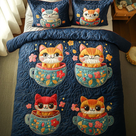 Meow Tea Party 3-Piece Quilted Bedding Set NCU0NT7349