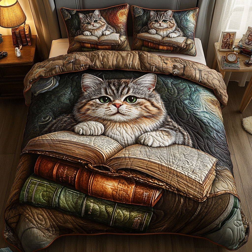 Meow and Manuscripts 3-Piece Quilted Bedding Set NCU0NT6798