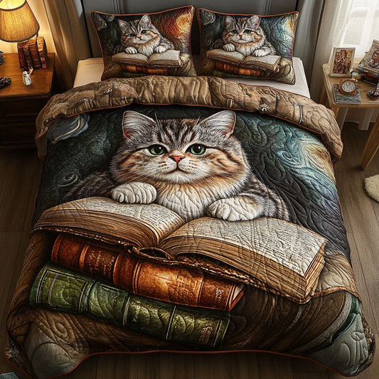 Meow and Manuscripts 3-Piece Quilted Bedding Set NCU0NT6798