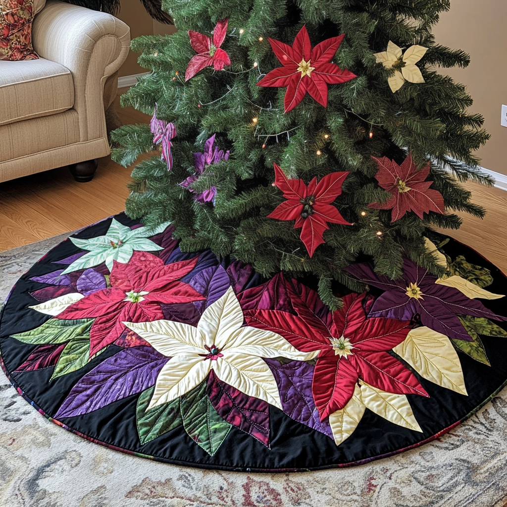 Merry Poinsettia Christmas Quilted Tree Skirt NCU0VH337