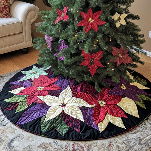 Merry Poinsettia Christmas Quilted Tree Skirt NCU0VH337