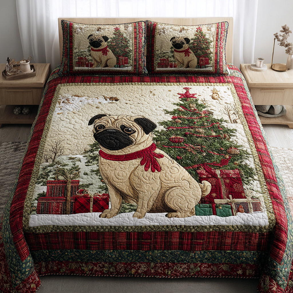 Merry Pug Scene 3-Piece Quilted Bedding Set NCU0HH395