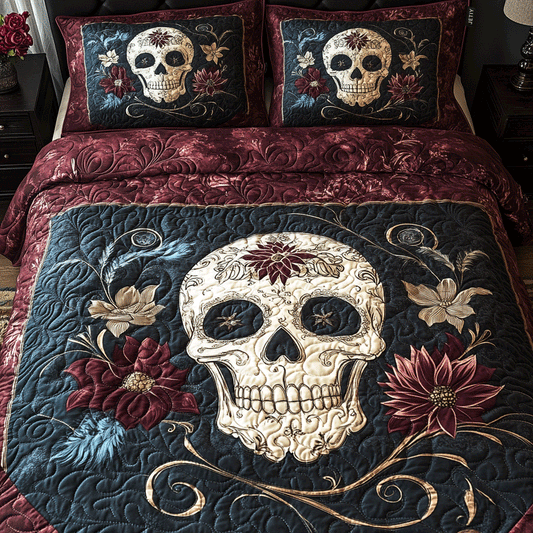 Midnight Skull Bloom 3-Piece Quilted Bedding Set NCU0TL2053