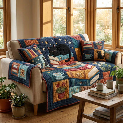Midnight Cat Library Quilted Sofa Cover NCU0HH1943