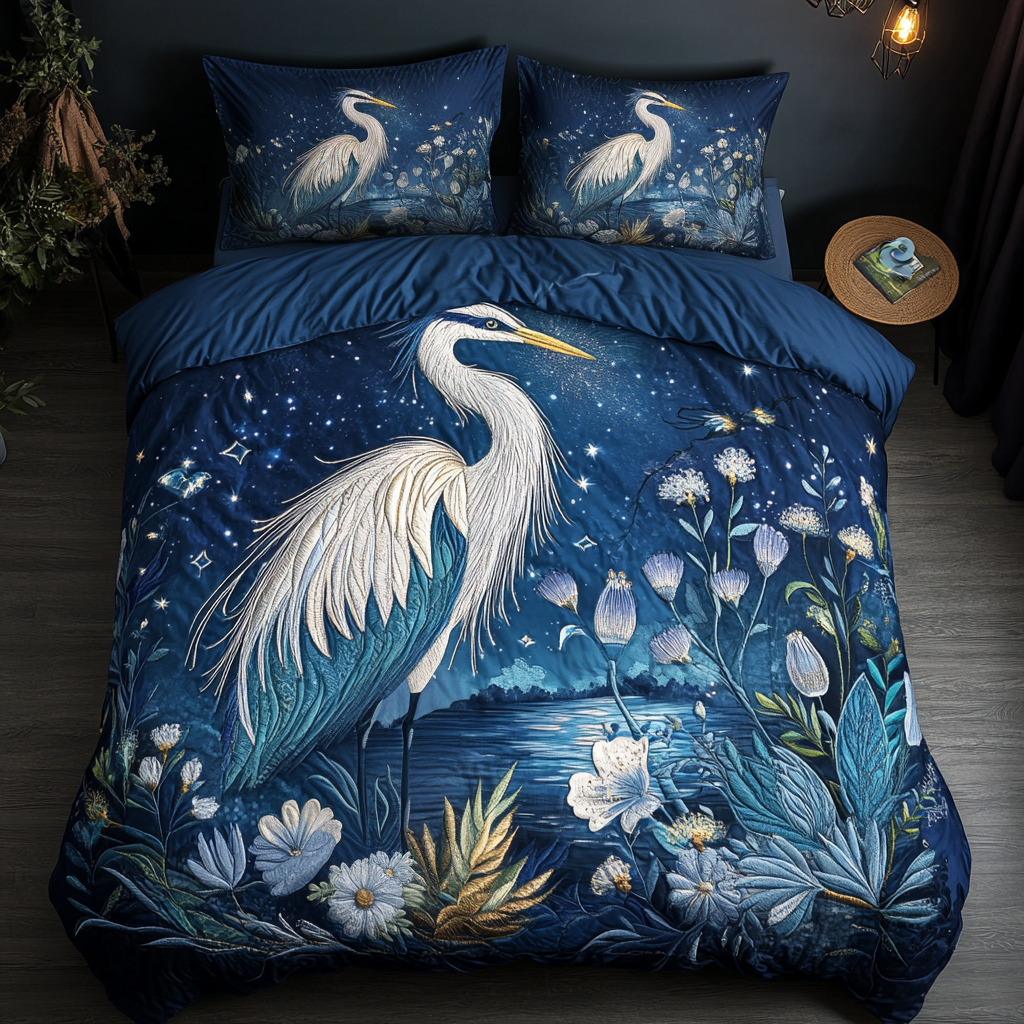 Midnight Heron 3-Piece Quilted Bedding Set NCU0VH2479
