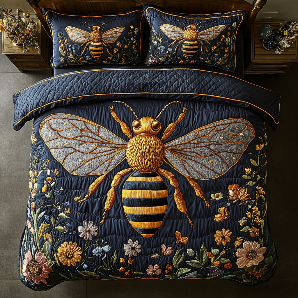 Midnight Meadow Bee 3-Piece Quilted Bedding Set NCU0VL1191